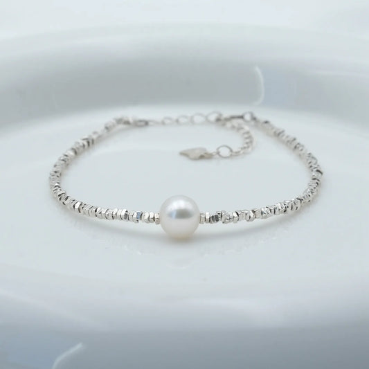 Break the Chain! Freshwater Pearl Bracelet with Cracked Shredded 925 Sterling Silver Beads