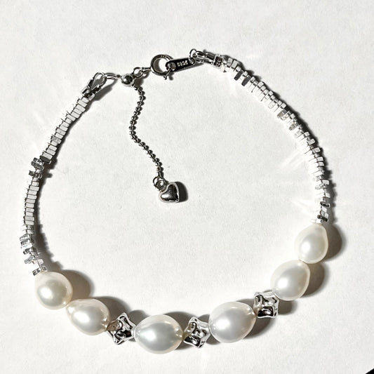 Stardust! Meteorite Shape Bracelet with Cracked 925 Sterling Silver & 5A Freshwater Pearls